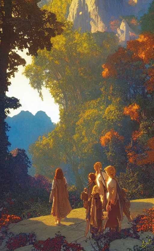 Image similar to adventurers journeying into Rivendell at sunset in the autumn, by Maxfield Parrish, Mucha, Donato Giancola, Thomas Kincade, and James Gurney