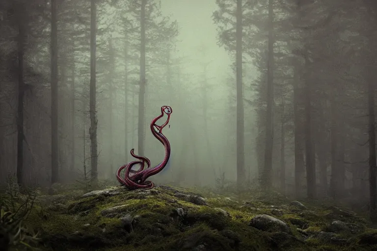 Prompt: dark demon beast with tentacles in a swedish forest, very low angle photograph, very detailed, trending on artstation, realistic, soft colors, illustration by john bauer, simon stålenhag, horror, creepy