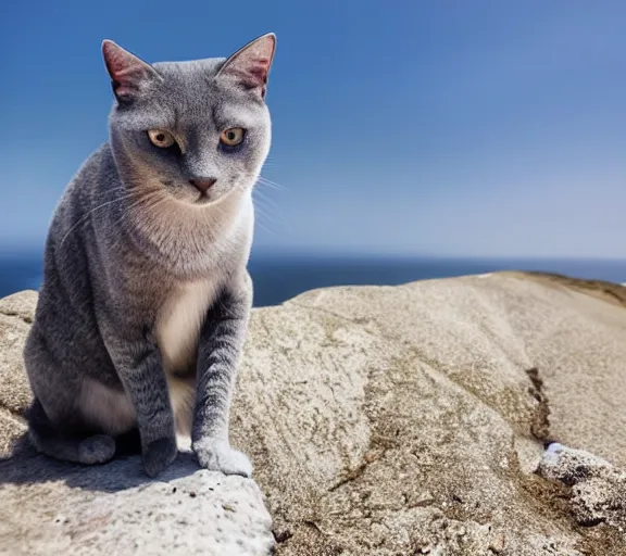 Image similar to a slender grey cat standing on a cliff overlooking a beach. hyper realistic and anamorphic 2 0 1 0 s movie still of giovanni falcone, by paolo sorrentino, leica sl 2 3 0 mm, beautiful color, high quality, high textured, lens flare, refined face and muzzle.