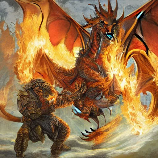 Prompt: ginger man in a discord t-shirt fights a fire breathing dragon in a room filled with dragon eggs, painted, by Johannes Voss, high fantasy