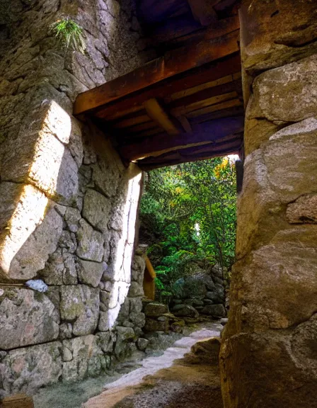 Image similar to vintage color photo of light rays shinning through a hidden temple in Cordillera De Los Andes, 8k definition