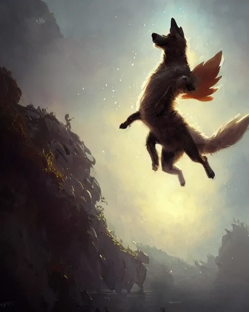 Image similar to a cute magical flying dog, fantasy art drawn by disney concept artists, greg rutkowski, golden colour, high quality, highly detailed, elegant, sharp focus, concept art, character concepts, digital painting, mystery, adventure