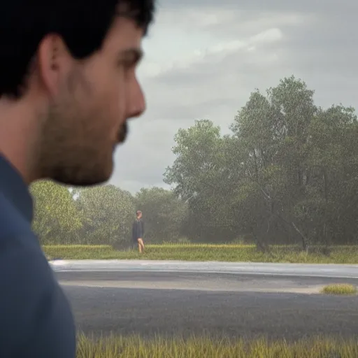 Image similar to a guy in a grey shirt with long sleeves and wearing dark blue jeans, dark black hair and no visible facial hair at all looking in the distance to see a factory plotting something ( highly detailed, and cinematic movie shot, greatly illustrated, photo - realistic, hyperrealistic image, 4 k, uhd, good quality still frame photo )