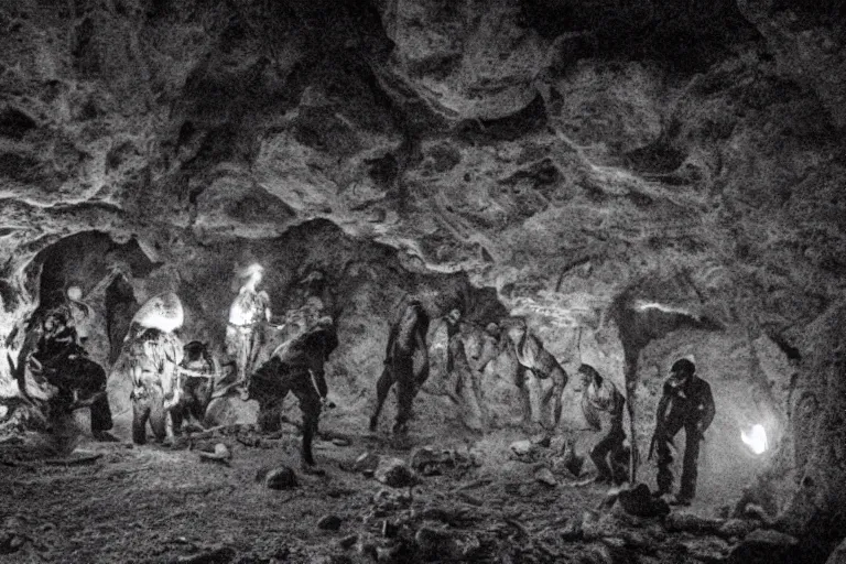 Image similar to miners in a dark cave discovers an alien egg, low quality shot, eerie, bizarre