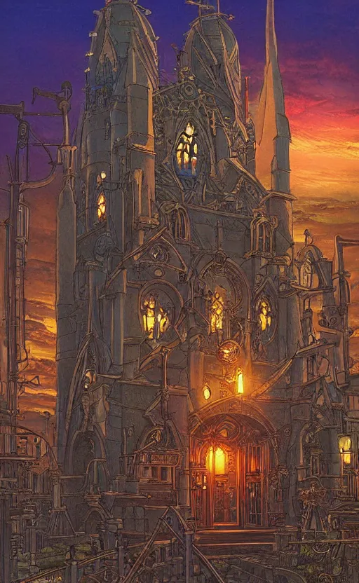 Prompt: Studio Ghibli steampunk cathedral at dusk by Hayao Miyazaki, Michael Whelan, and Thomas Kincade