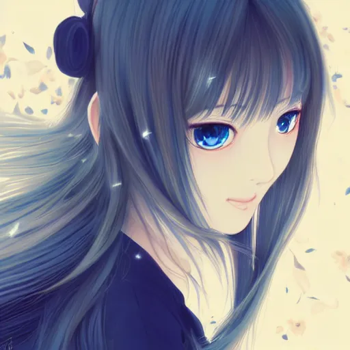 Image similar to An ultradetailed portrait of Japanese girl with white long hair, dark blue eyes, symmetrical facial features, digital art, cel shading, dreamy and ethereal, by Shinkai Makoto ,Kyoto Animation, anime illustration, trending on Pixiv.