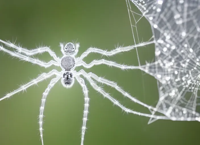 Image similar to super macro of a clear white crystal spider with cybernetics, in the forest. Fantasy magic style. Highly detailed 8k. Intricate. Nikon d850 300mm. Award winning photography.