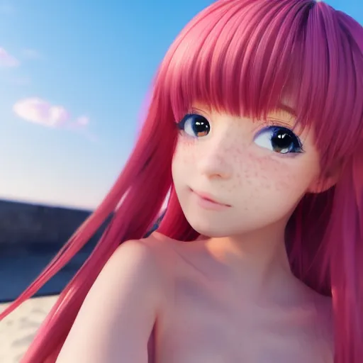 Image similar to Selfie render of a cute 3d anime girl, long pink hair, full bangs, hazel eyes, cute freckles, soft smile, golden hour, beach setting, medium shot, mid-shot, trending on Artstation,