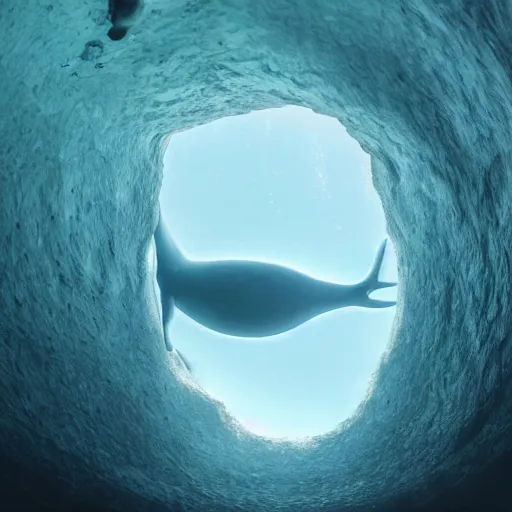 Prompt: An award winning photo of a Ningen resting in it's underwater cave, hyper realistic, 4K ultra HD