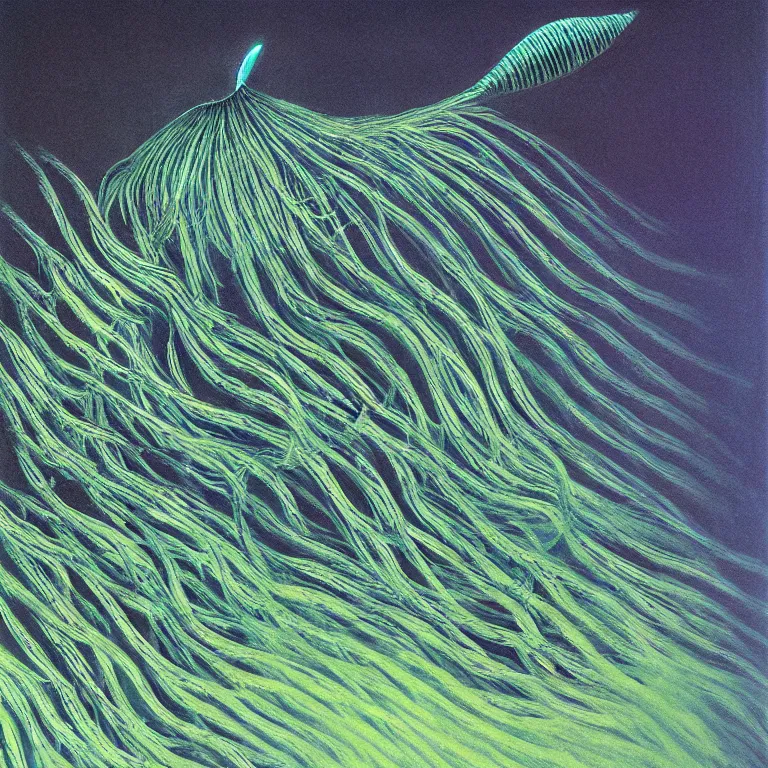 Prompt: Hyperrealistic intensely colored studio Photograph portrait of a deep sea bioluminescent Electric Feather Worm shocking its prey deep underwater in darkness long exposure, award-winning nature deep sea chalk pastel by Audubon and Zdzisław Beksiński vivid colors hyperrealism 8k