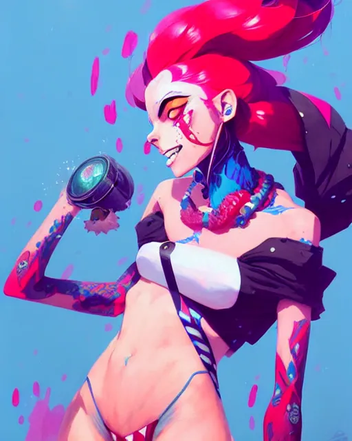 Image similar to a ultradetailed painting of jinx from league of legends by conrad roset, greg rutkowski and makoto shinkai trending on artstation