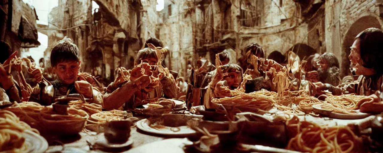 Image similar to eating spaghetti during the seige of constantinople, 7 0 0 ad, small details, intricate, 5 0 mm, cinematic lighting, photography, wes anderson, film, kodachrome