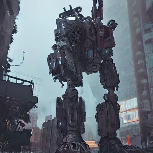 Image similar to six feet tall mech fighting in an urban environment, by gaudi, by giger, by ismail inceoglu, octane render, by weta digital, cinematic lighting, bump mapped, lumen reflections, ambient occlusion, action scene screenshot, epic scale, trending on artstation