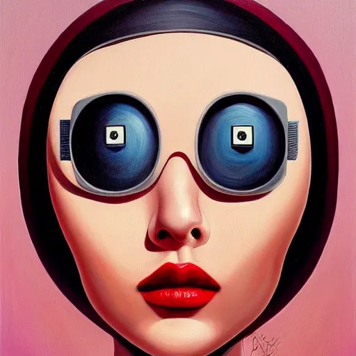 Prompt: a painting of a stylish person in the future, an ultrafine detailed painting by rafal olbinski, behance contest winner, pop surrealism, detailed painting, very detailed, minimalist, skeuomorphic, airbrush art