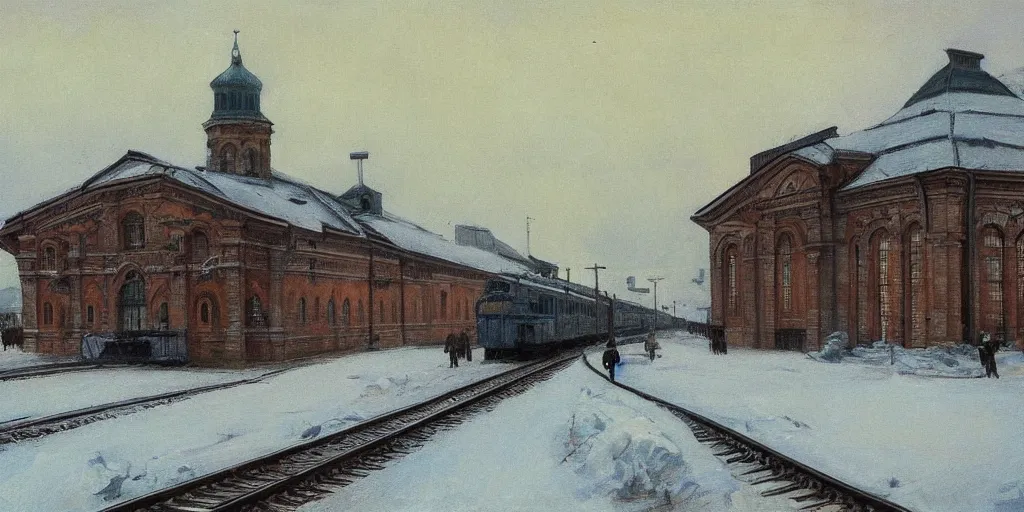 Image similar to Train Depot in Saint Petersburg in 1914 in winter, morning, trending on Artstation