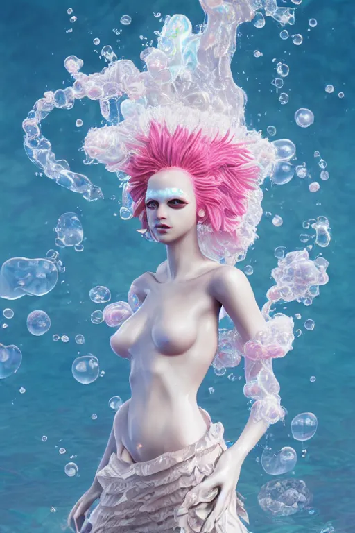 Image similar to an epic puerto rican non - binary model, subject made of white melting porcelain, mesh headdress, flowing dress, with cerulean and pastel pink bubbles bursting out, delicate, beautiful, intricate, melting into vulpix, houdini sidefx, by jeremy mann and ilya kuvshinov, jamie hewlett and ayami kojima, bold 3 d