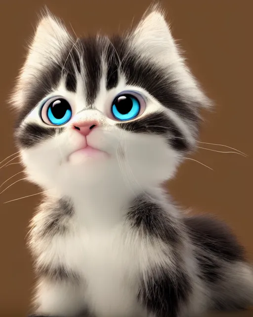 Image similar to cute fluffy kitten looking into the camera, big eyes, 3 d render, pixar style, octane render, very detailed
