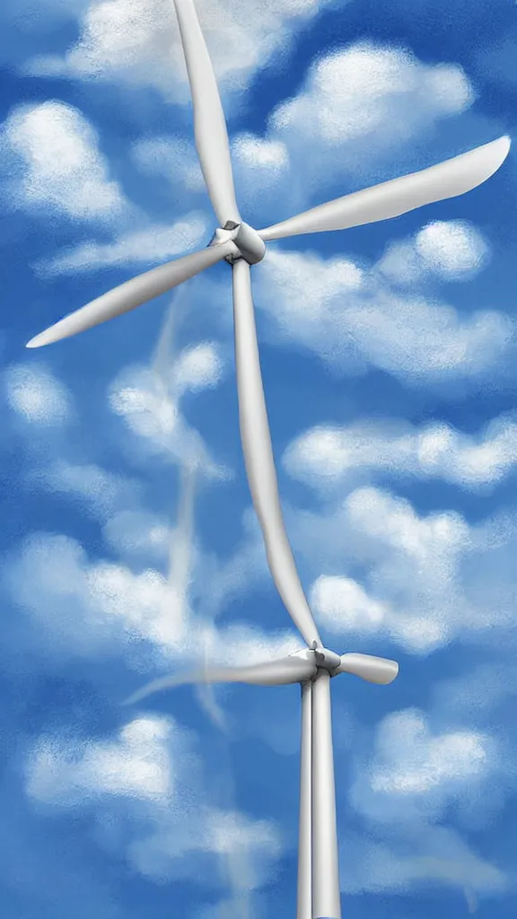 Image similar to Clouds made into a wind turbine, blue sky, sunshine,volumetric lightin, highly detailed, digital painting