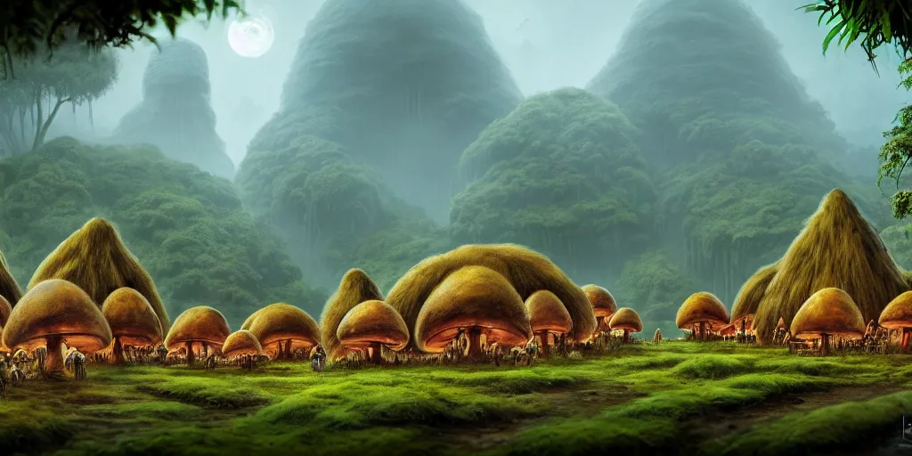 Image similar to a jungle village of albino gorillas and their mushroom huts, matte oil painting, retrofuturistic, science fantasy, salt, rust, mutant, lgbt, queer, rpg, epic, dungeons & dragons, sacred, sharp focus, award - winning, extremely detailed, 4 k, 8 k