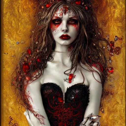 Prompt: stunning feminine vampire with fangs, intricate detail, klimt, royo, whealan,