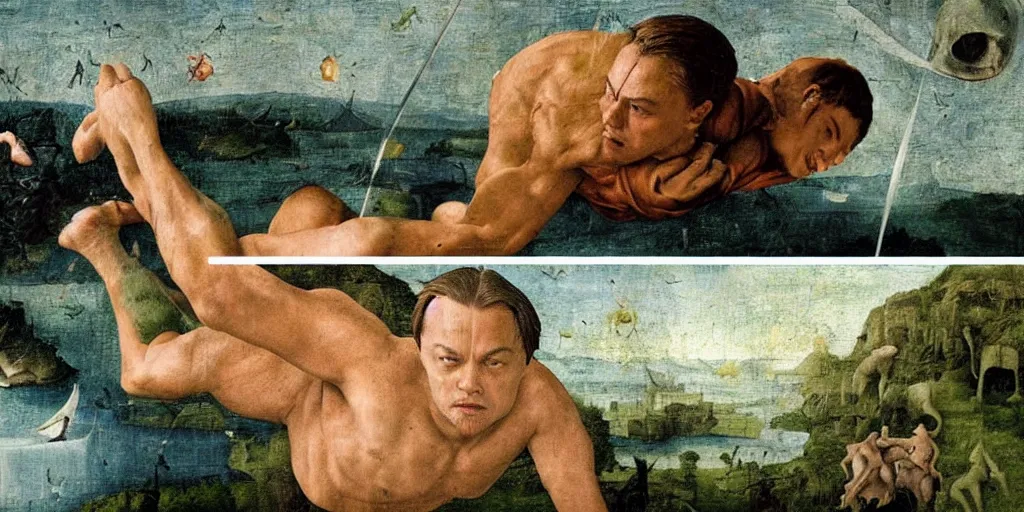 Image similar to leonardo di caprio being cut in half, in the style of bosch's garden of earthly delights