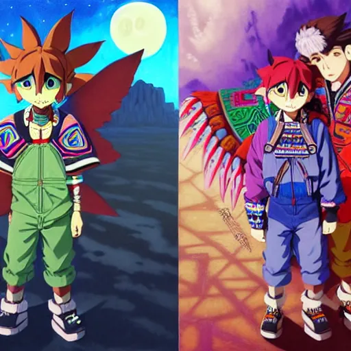 Image similar to majora majora's mask wearing oversized mayan bomber jacket with overalls, bulky poofy bomber jacket with mayan patterns, aztec street fashion, genshin impact art style, gapmoe yandere grimdark, trending on pixiv fanbox, painted by greg rutkowski makoto shinkai takashi takeuchi studio ghibli, akihiko yoshida