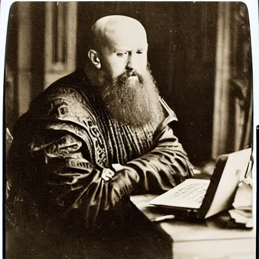 Image similar to Ivan the Terrible in his palace in Moscow working on a MacBook Pro m1, high detail, Polaroid , old photo width 768