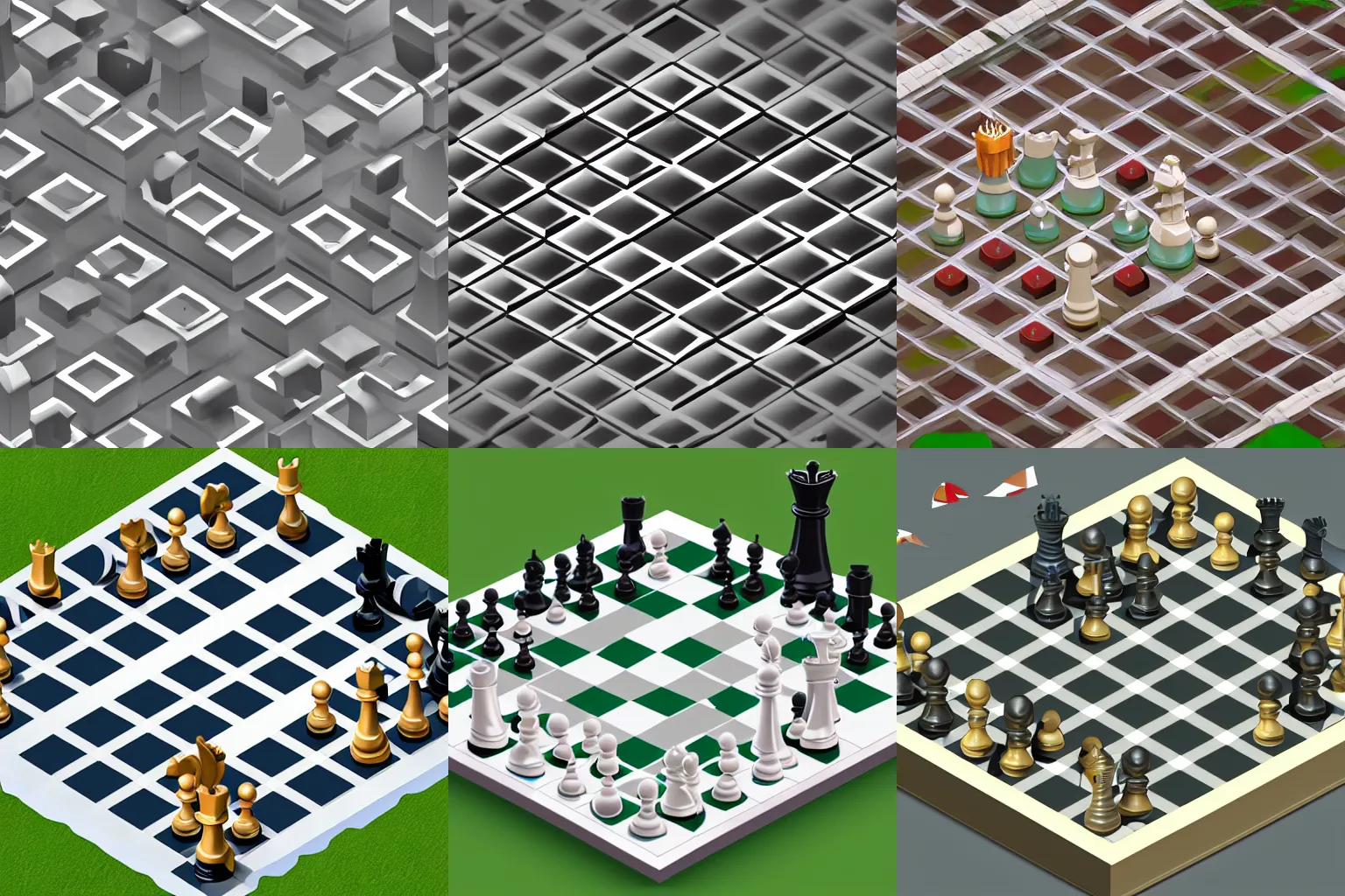 Prompt: 3d isometric view of a chess-themed city, game assets