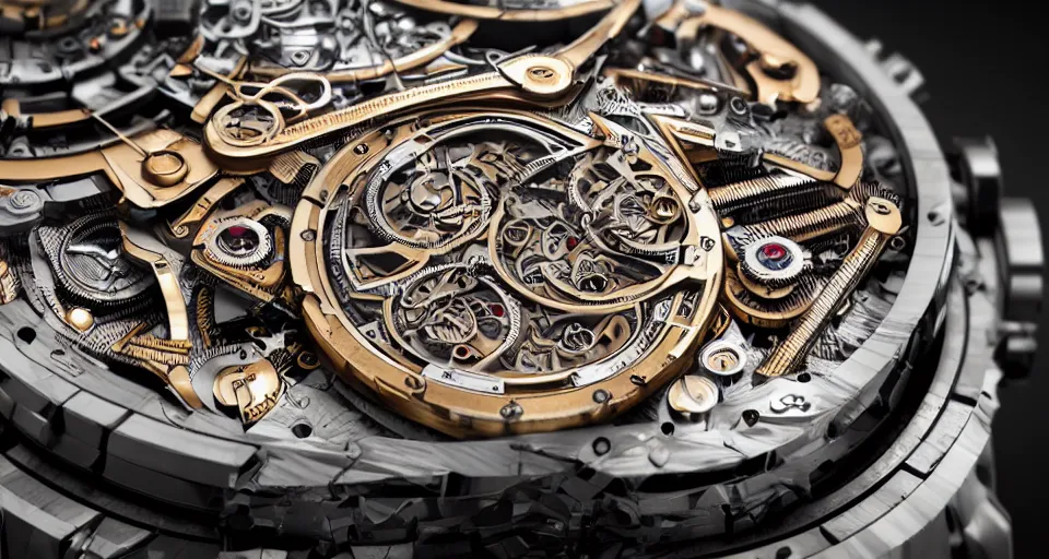 Image similar to complex 3 d render of a futuristic steampunk watch lying on a table, high detail, sharp focus, glowing interior components, intricate detail, depth of field, bokeh, cinematic lighting and composition, octane render, film grain, roger dubuis