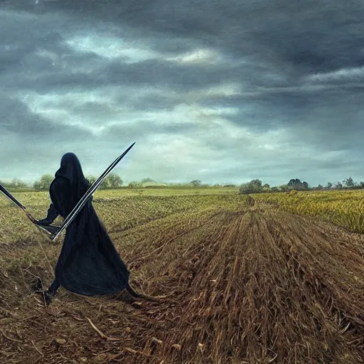 Image similar to death with a scythe takes its harvest in the field, ultrarealistic, photorealism, high quality, ultra detailed, 16k,