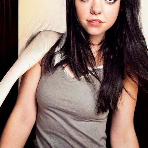 Image similar to a girl with long black hair and thick eyebrows, her face is a mix between aubrey plaza, lucy hale, sarah hyland, anne hathaway and christina ricci