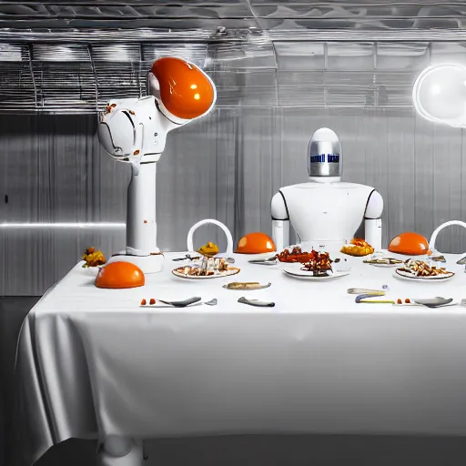 Image similar to three large white glossy kuka industrial robot arms on the floor around a dinner table full of food, the kuka industrial robot arms are wearing bow ties, they are having a dinner party inside a posh fine dining restaurant with retro modern furniture and decor, global illumination, artstation, fantasy, volumetric light