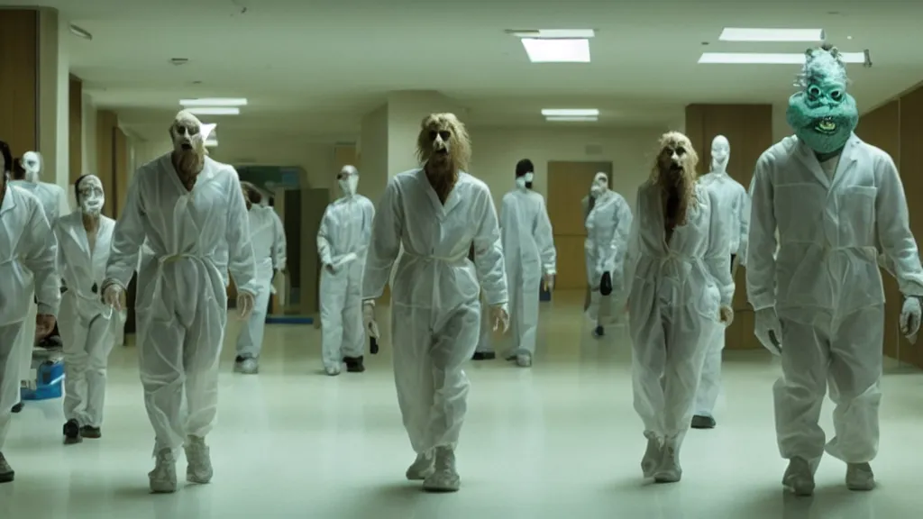 Image similar to monsters invade the hospital, film still from the movie directed by denis villeneuve and david cronenberg with art direction by salvador dali, wide lens