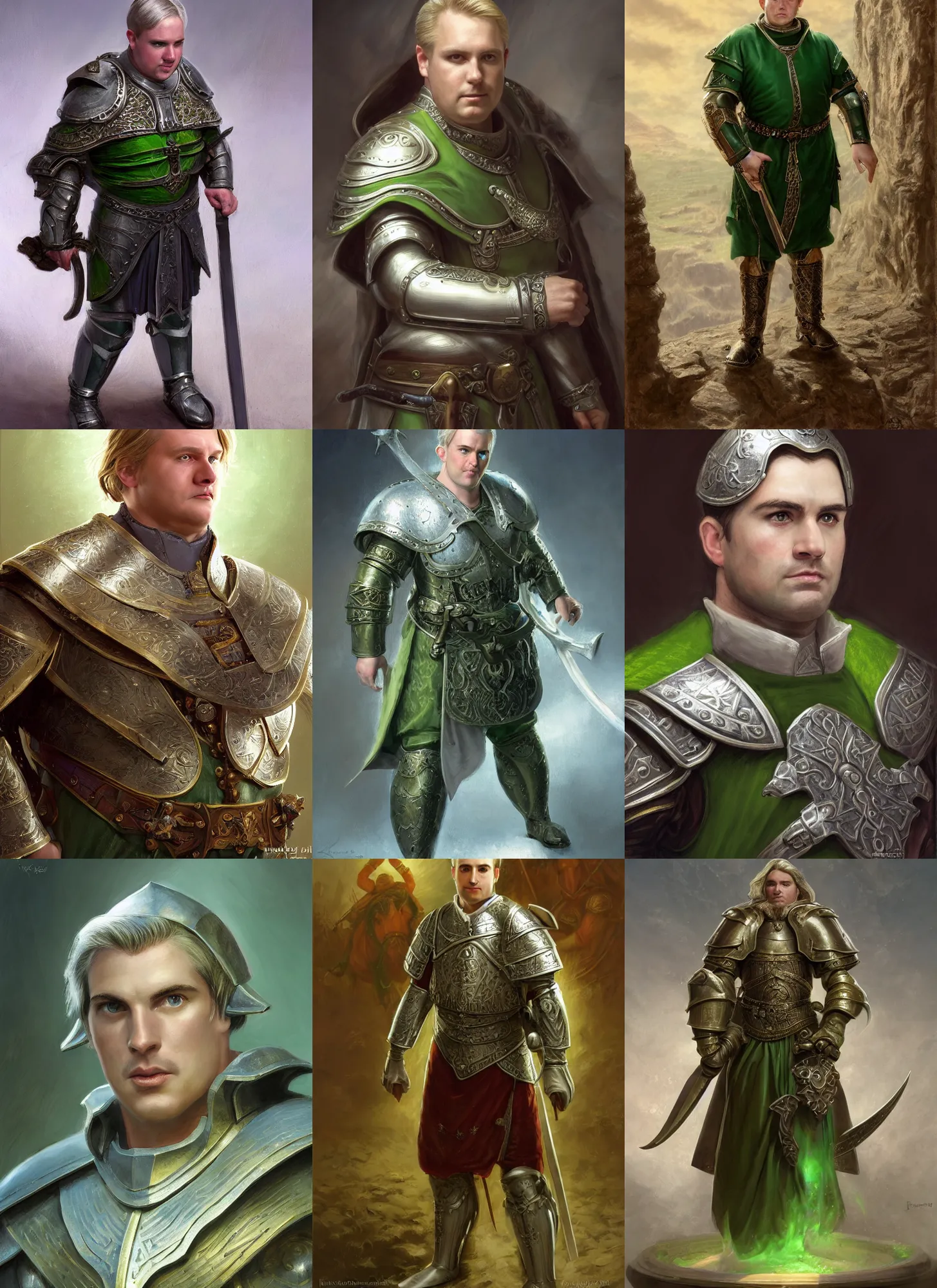 Prompt: portrait, fantasy beardless plump cleric with no beard, young adult, short in stature, no beard, short blonde hair comb over hairstyle, silver breastplate with religious engravings, clean shaven, green eyes, slightly smirking, style by donato giancola, wayne reynolds, jeff easley dramatic light, high detail, cinematic lighting, artstation, dungeons and dragons