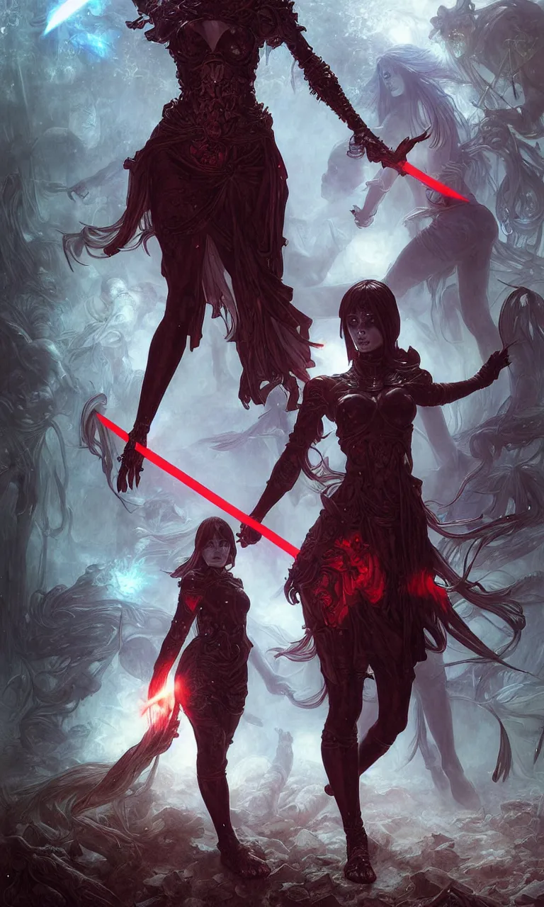 Prompt: full figure, female techno necromancer, pale skin, red cloath, holding a sword wrapped in blue sparkling magic, walking towards the camera, camera pulled back far, detailed illustration, intricate details, surrounded by werewolves, 8 k post processing, scary atmospheric lighting, hyper realistic art by artgerm and greg rutkowski and alphonse mucha and lee bermejo