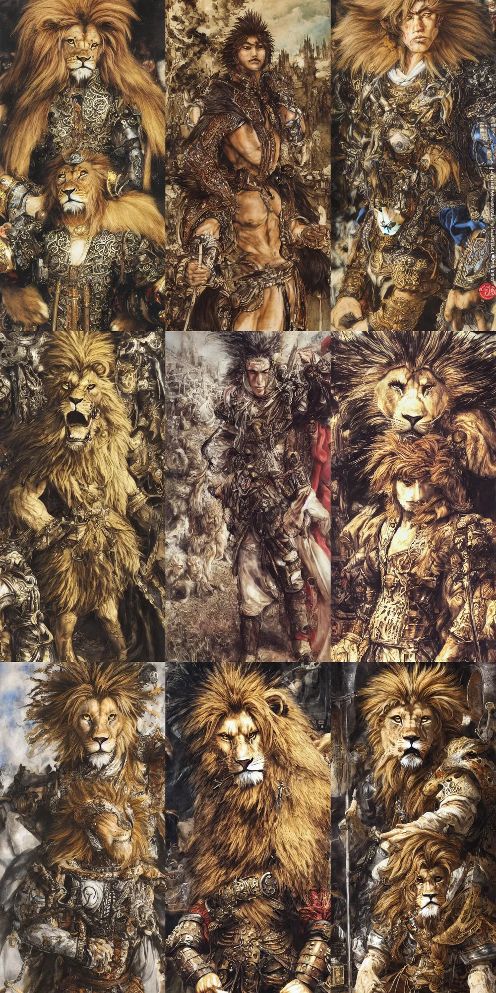 Image similar to 8 k yoshitaka amano painting of upper body of a young cool looking lion beastman with white mane at a medieval market at windy day. depth of field. he is wearing complex fantasy clothing. he has huge paws. renaissance style lighting.