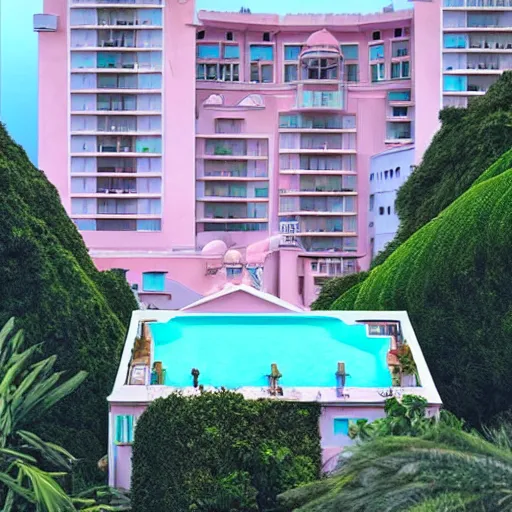 Prompt: a ultra high definition pastel coloured photographic print from a holiday photo album. the photo is a medium frame, 5 0 mm depicting the interior of an expensive alien hotel balcony, furniture and view. the interior was designed by wes anderson and redesigned by jeff koons. iridescent transparent glass, pastel pink concrete, foam. 8 k. architectural. interior. no artefacts. highly detailed.