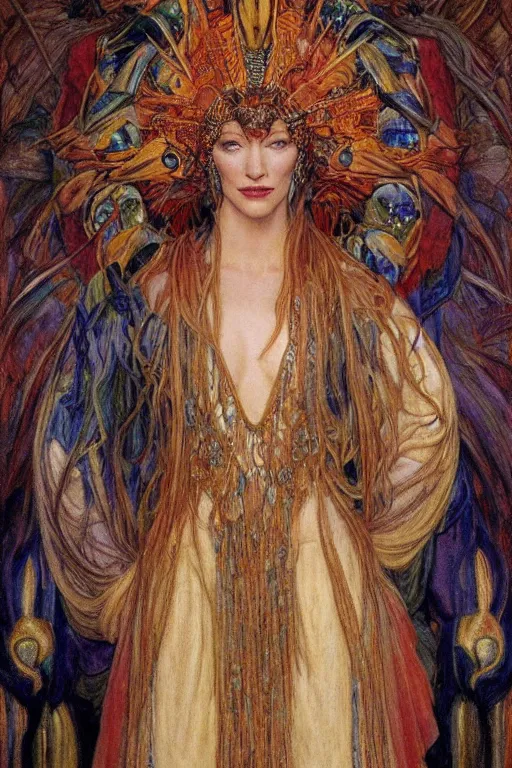 Image similar to cate blanchett , by jean delville and Gaston Bussière and Tino Rodriguez and Diego Rivera , elaborate headdress and embroidered velvet, iridescent beetles, rich color, dramatic cinematic lighting, extremely detailed