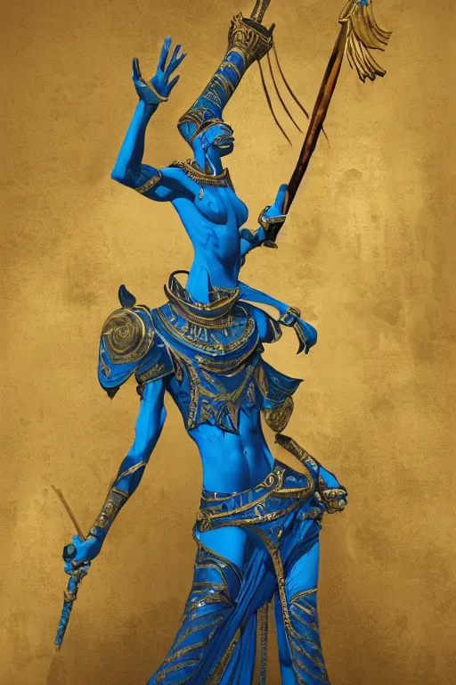 Image similar to fantasy greg rutkowski digital painting of an ornate and royal egyptian old twisted ornate engraved with gold wooden staff weapon with a radiant blue crystal on top tip hovering, unreal engine, hyper realism, realistic shading, cinematic composition, blender render, octane render, hdr, detailed textures, photorealistic, 3 5 mm film