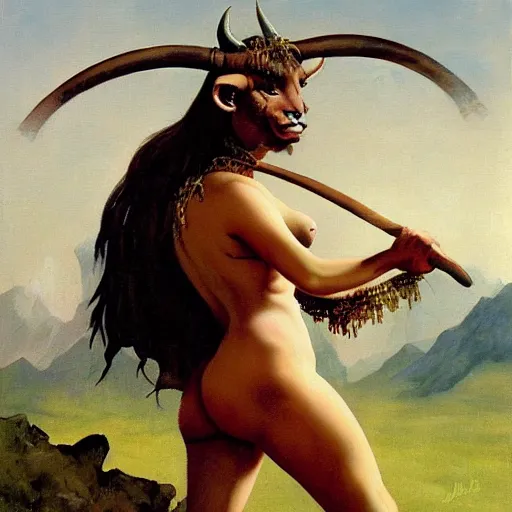Image similar to a beautiful portrait of a woman dressed as a bull, female minotaur, painting by frank frazetta