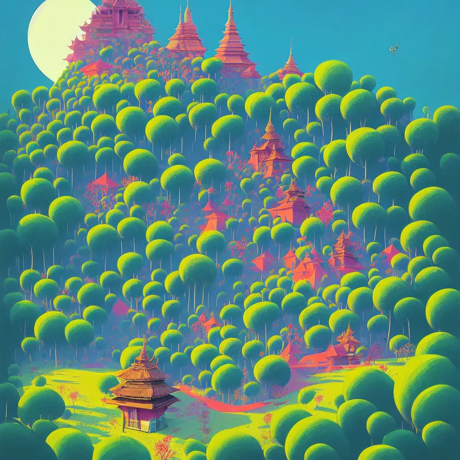 Image similar to ( ( ( gediminas pranckevicius ) ) ), wat bukit perak, summer morning, very coherent and colorful high contrast art by james gilleard floralpunk screen printing woodblock, dark shadows, pastel color, hard lighting