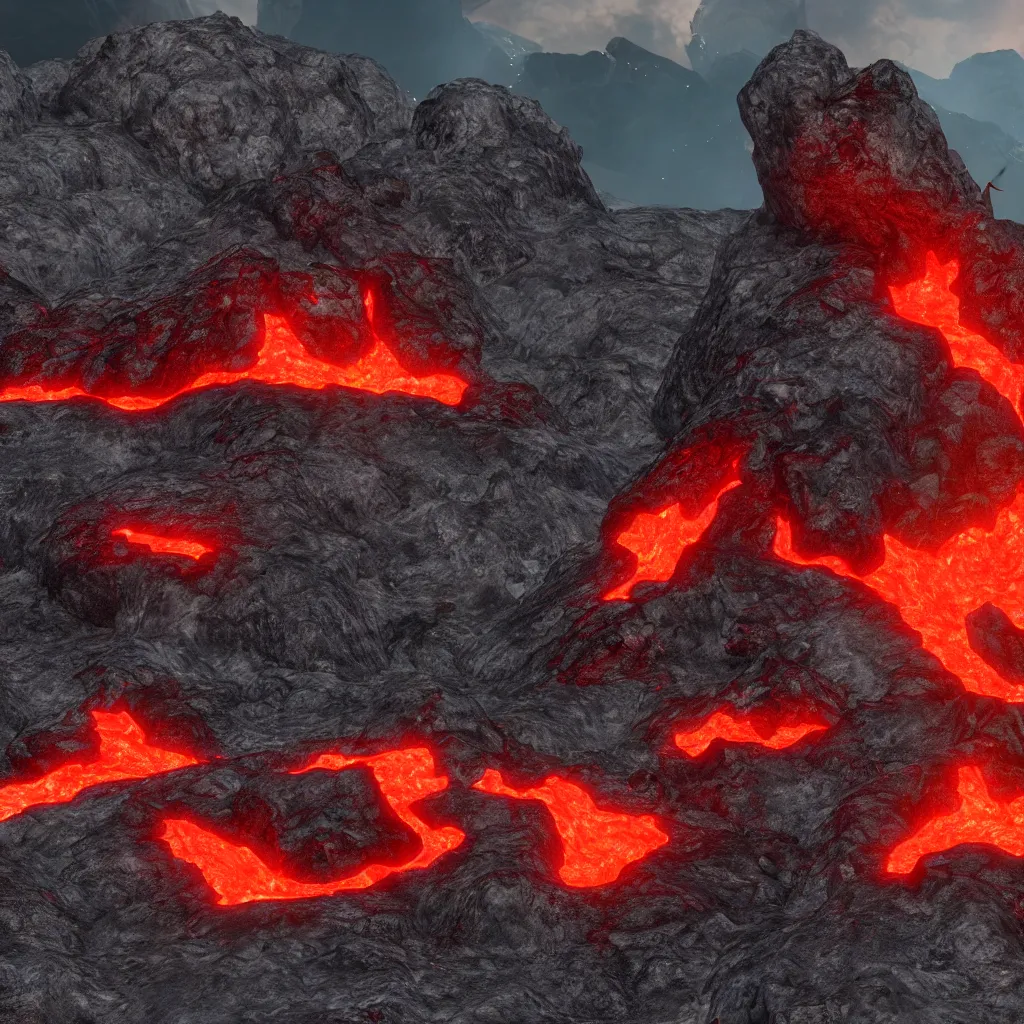 Image similar to satanic mountain goats 🐐 with glowing red eyes, on a sheer obsidian cliffside with lavaflow, lava waterfalls, photorealistic landscape render, octane render, vray, pools of lava, beautiful, ambient occlusion, particle effects, breaking ocean waves, light bloom, rtx, wide shot