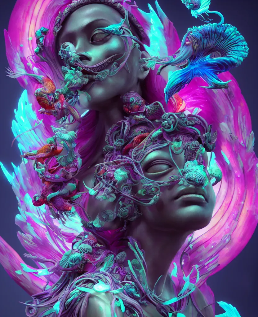 Image similar to goddess full color painted acryllic sculpture close-up portrait. orchid bird phoenix head, nautilus, skull, betta fish, bioluminiscent creatures, intricate artwork by Tooth Wu and wlop and beeple. octane render, trending on artstation, greg rutkowski very coherent symmetrical artwork. cinematic, hyper realism, high detail, octane render, 8k