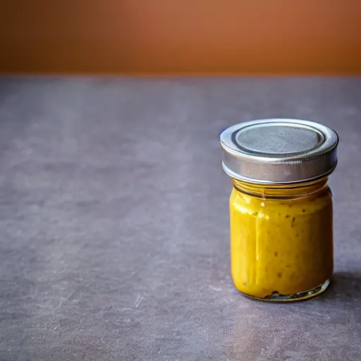 Prompt: A jar of mustard on the table, Sigma 24mm f/8, 1966,