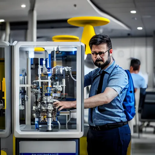 Prompt: A random pointless contraption pneumatic machine with no apparent purpose, being operated by a scholarly looking man with a clear directed gaze, XF IQ4, f/1.4, ISO 200, 1/160s, 8K, RAW, unedited, symmetrical balance, in-frame