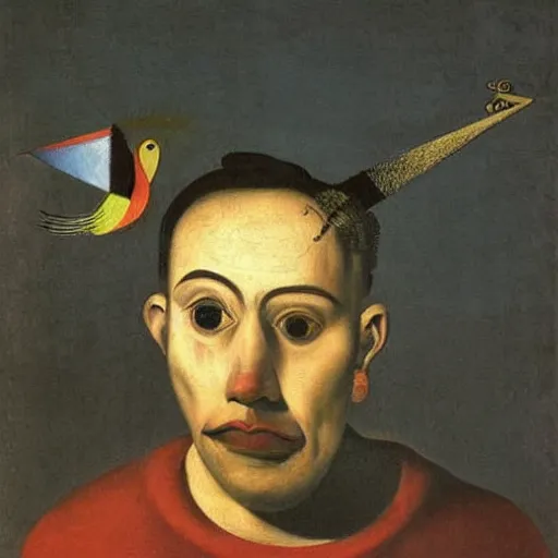 Prompt: A beautiful experimental art of a human face with a bird's beak protruding from the forehead. by Joan Miró, by Salomon van Ruysdael shadowy