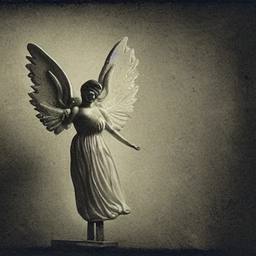 Prompt: closeup wet plate photograph of an angel dancing on the head of a pin, daguerreotype, collodion photography, studio lights, eye catching, exaggerated texture