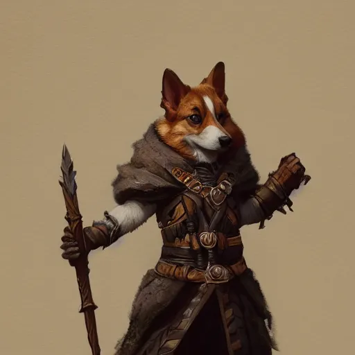 Prompt: d & d character art, corgi, highly detailed, intricate, hyperrealistic, fantasy, greg rutkowski, trending on artstation, 8 k