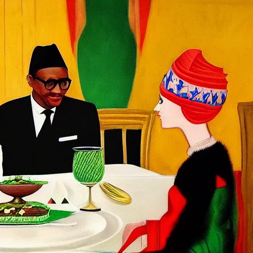 Image similar to president muhammadu buhari sitted at a lavish banquet with shiny trays and dishes with food minimalist solid background the great feast regal ornamental, iridescent in the style of edward hooper and henri matisse oil painting