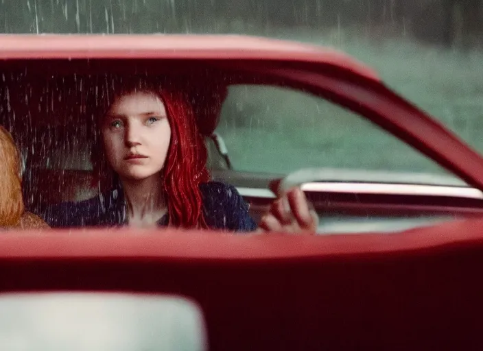 Image similar to A very high resolution image from a new movie, inside of a car, teen red hair woman, raining, hot, directed by wes anderson